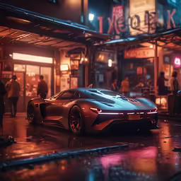 a futuristic car is parked in front of some stores