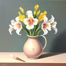 this painting is of a vase with flowers and a brush,a painting of some flowers in a vase,a painting of some flowers in a vase,there is a small vase with flowers in it,a painting of some flowers inside of a vase