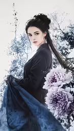 an oriental woman in a gown and flowers