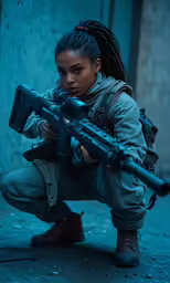 girl with a rifle crouching on the floor