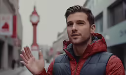 a man in a vest waving his hands outside
