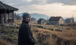 a woman is staring at the sky in a farm