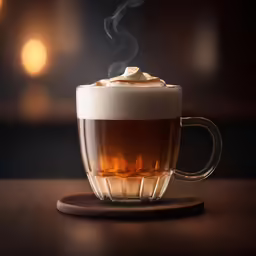 steaming coffee drink on a wooden table with smoke