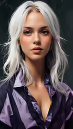 a beautiful woman with long white hair and blue eyes