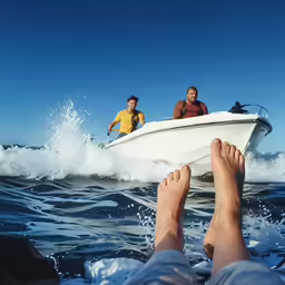a couple is riding on the back of a small boat