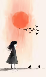 a girl is standing with a birds flying