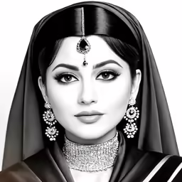 a black and white photo of a woman in an ethnic dress