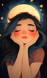 an anime girl in a hat holding her hands to her cheeks