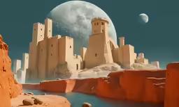 a castle and a moon near some desert terrain