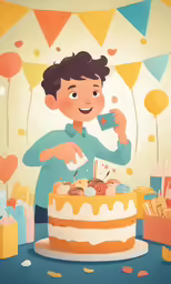 a boy standing in front of a cake with candles