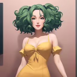 a cartoon model with green hair is wearing yellow