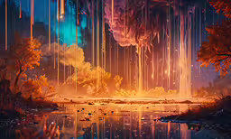 a painting of orange clouds, trees and rain falling,the night sky shows orange, blue, and purple rain falling