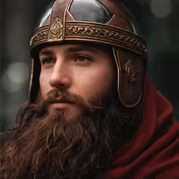 a bearded man with a very ornate helmet and wearing a fur coat