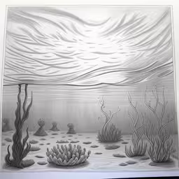an illustration of a sea floor with seaweed and rocks
