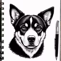 a black and white dog is shown with a pen