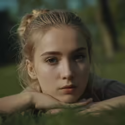 the young woman looks to be resting with her hands folded over her face