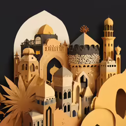 paper cut sculptures of buildings and pineapples