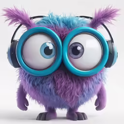 an adorable little monster with headphones on, wearing large eyeballs