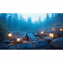 someone sitting on rocks next to some water with lanterns lit up in the background