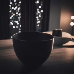 a black bowl and tea set on top of a table