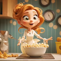 a woman in a kitchen with a bowl and spoon next to some food