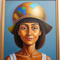 a painting of a woman with a helmet on her head