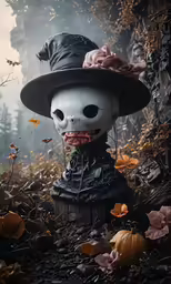 a creepy skull wearing a hat and holding a cane in a forest