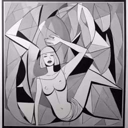 a black and white painting of a naked girl