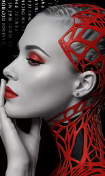 a woman is posed with a red piece of art