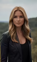 a beautiful woman with long hair wearing a black jacket