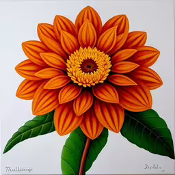 a bright orange flower painted on top of a white background,this is a painting of a flower in color,a large flower has green leaves on it,a beautiful orange flower that is on display,an orange flower with green leaves is shown