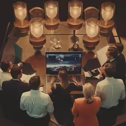 group of people sitting around a large computer screen