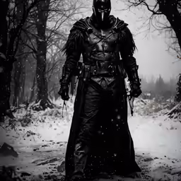 the evil knight stands in a snowy forest