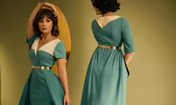 a woman in a teal dress is leaning against a wall