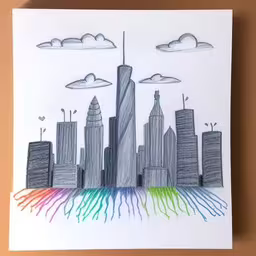 there is a paper cut with colored paint on it,a drawing of a city in the middle of the day