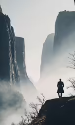 a man standing at the top of a hill looking out