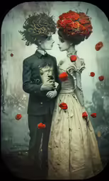 an antique photo of a couple with red roses on them