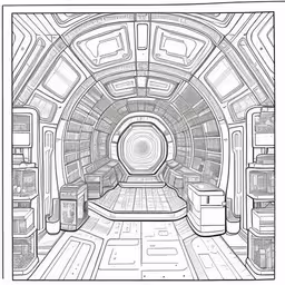 a drawing of a sci - fi spaceship with a tunnel,black and white coloring book page with futuristic space station interior