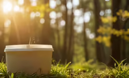 a white cup in the sun by some trees