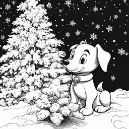 a drawing of a dog sitting next to a christmas tree