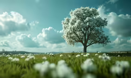 the tree is all alone in the grass