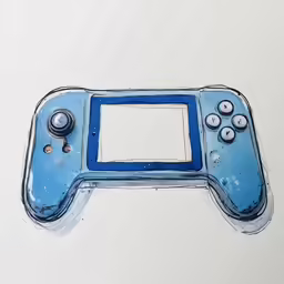 a blue and black game controller on a white surface