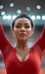 a woman posing for a picture while wearing a red shirt