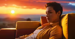 a beautiful young woman sitting next to a giant orange object,a woman that is sitting down with her arm extended