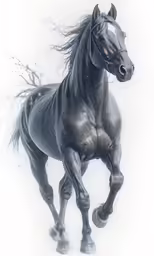a large black horse is running in the snow