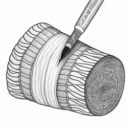 a drawing of a rolled up toilet paper with a sharp knife in it,an inked drawing of an object, which resembles a roll of duct tape