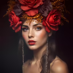 a woman with flowers on her head and hair