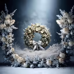 an elaborate christmas wreath is displayed on a stage
