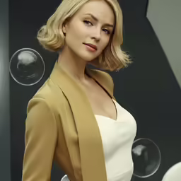 a woman in a tan coat poses in front of a wall