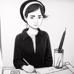 the woman is in black and white with a pen
